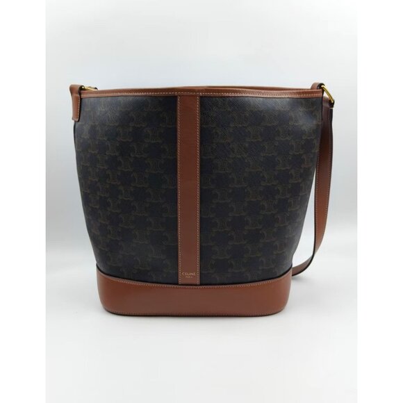 Pre-owned Celine Triomphe Canvas Calfskin Medium Bucket Bag Tan - Picture 2 of 14